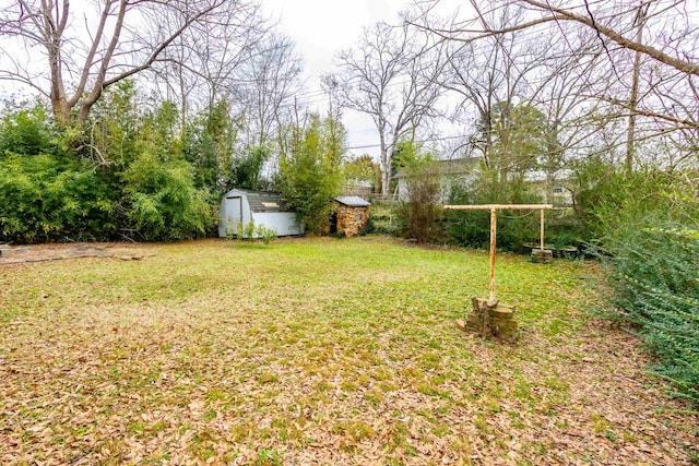 view of yard with a storage shed