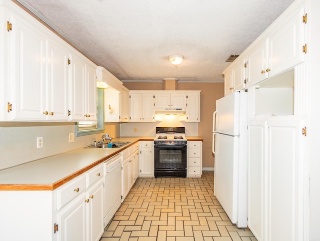 kitchen with sink, white appliances, white cabinetry, ornamental molding, and a textured ceiling