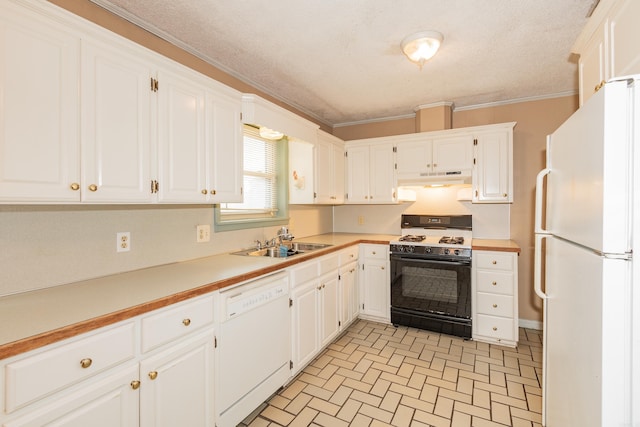 kitchen featuring crown molding, white cabinets, sink, and white appliances