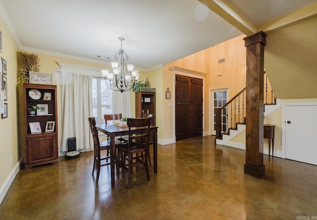 dining space featuring crown molding, beam ceiling, and an inviting chandelier