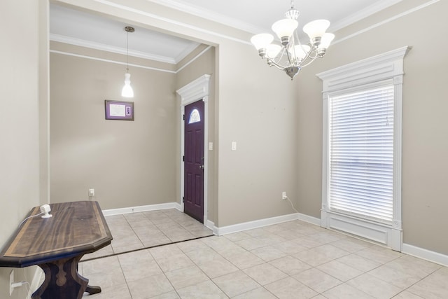 tiled entryway featuring a chandelier and crown molding