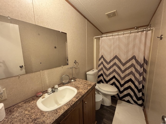 bathroom featuring a textured ceiling, wood-type flooring, vanity, toilet, and a shower with shower curtain