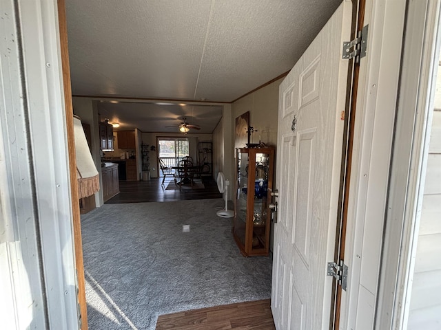 hall with dark carpet and a textured ceiling