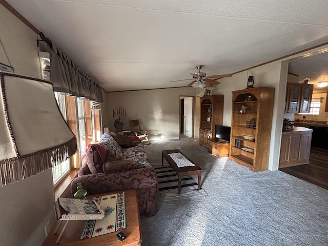 living room featuring ceiling fan, crown molding, a textured ceiling, and dark colored carpet