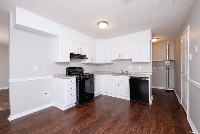 kitchen featuring dark hardwood / wood-style floors, black appliances, sink, white cabinetry, and light stone counters