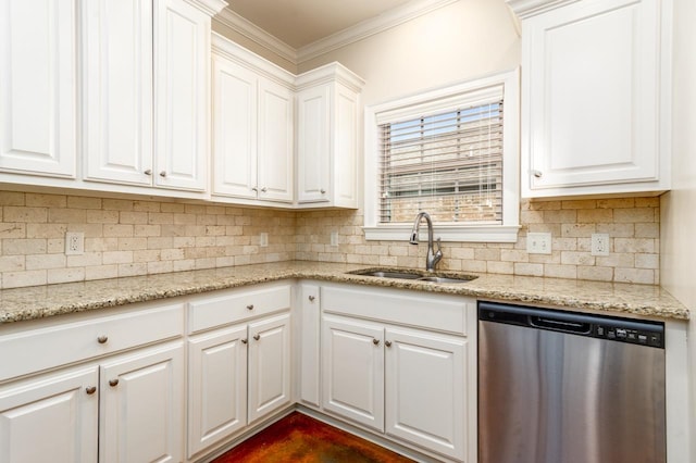 kitchen featuring dishwasher, sink, white cabinetry, ornamental molding, and light stone counters