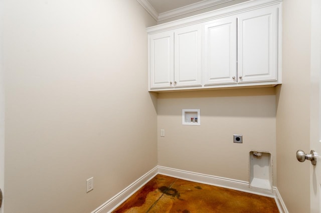 washroom featuring cabinets, electric dryer hookup, crown molding, and hookup for a washing machine