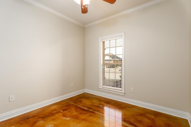 unfurnished room with ceiling fan, crown molding, and concrete floors