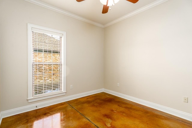 empty room with ceiling fan, ornamental molding, and concrete flooring