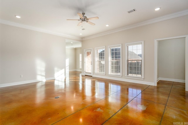 empty room with concrete floors and ornamental molding