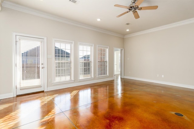 unfurnished room featuring ceiling fan, crown molding, and concrete flooring