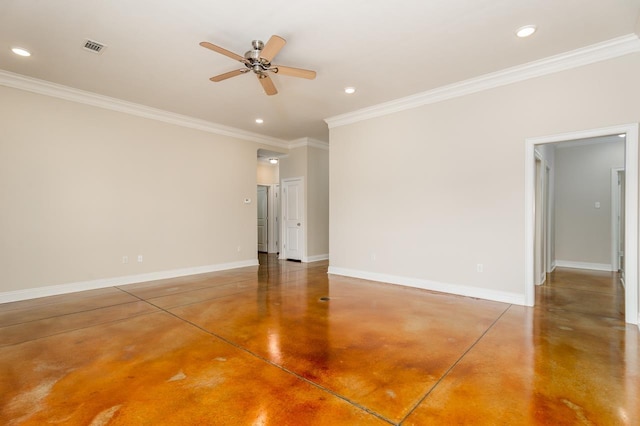 spare room featuring ceiling fan, crown molding, and concrete flooring