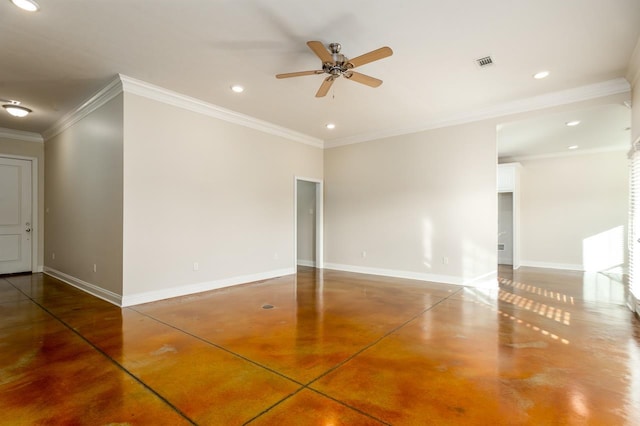 spare room featuring ceiling fan and ornamental molding