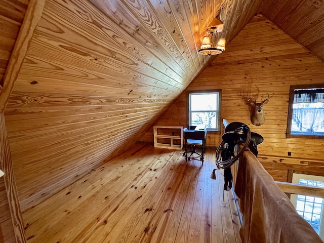 bonus room featuring lofted ceiling, hardwood / wood-style flooring, wooden walls, and wooden ceiling