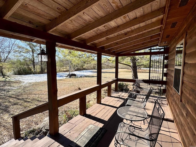 wooden terrace featuring a water view