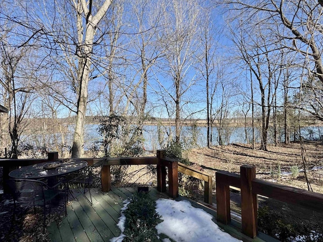 wooden terrace featuring a water view