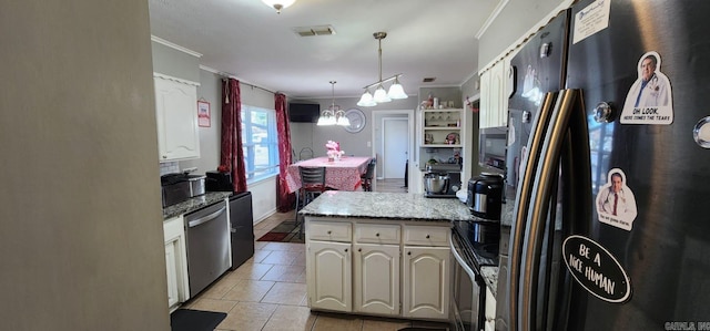 kitchen featuring appliances with stainless steel finishes, white cabinetry, hanging light fixtures, a chandelier, and crown molding