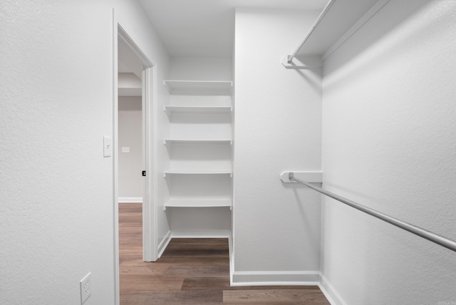 walk in closet with dark hardwood / wood-style floors