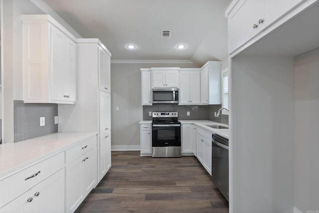 kitchen featuring tasteful backsplash, sink, white cabinetry, appliances with stainless steel finishes, and dark hardwood / wood-style flooring