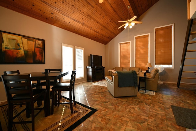 dining space with ceiling fan, high vaulted ceiling, and wood ceiling