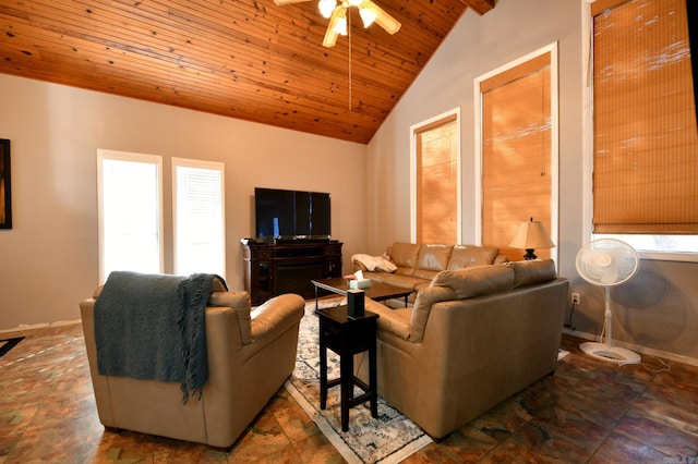 living room with ceiling fan, wooden ceiling, and vaulted ceiling with beams