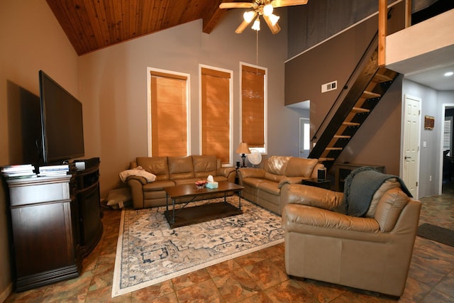 living room featuring high vaulted ceiling, beam ceiling, ceiling fan, and wooden ceiling