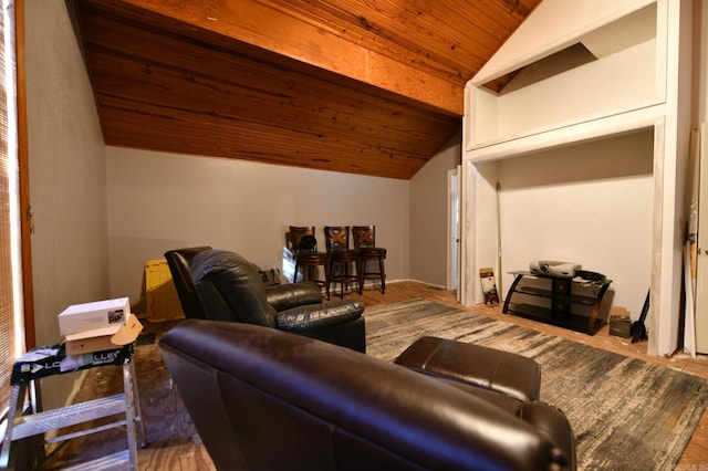 living room featuring vaulted ceiling, wood ceiling, and hardwood / wood-style floors