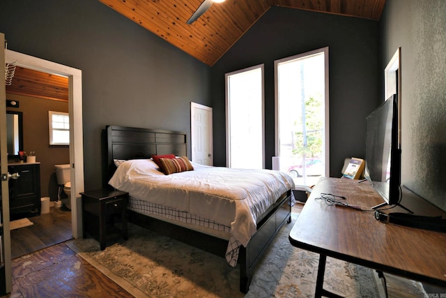 bedroom with ceiling fan, multiple windows, dark hardwood / wood-style floors, and wood ceiling