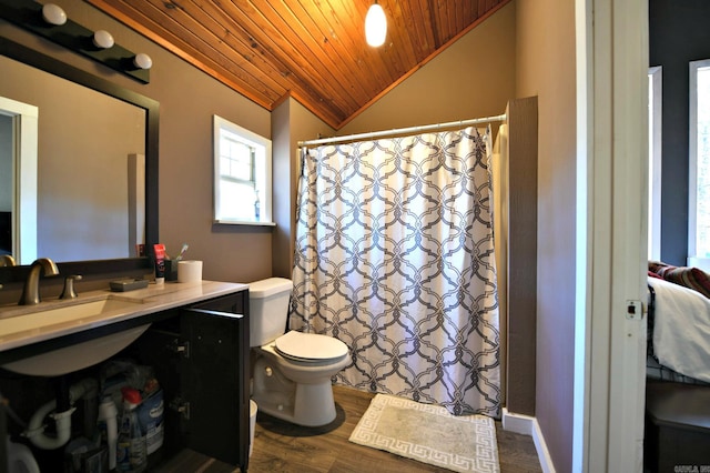 bathroom with toilet, hardwood / wood-style flooring, wooden ceiling, lofted ceiling, and ornamental molding