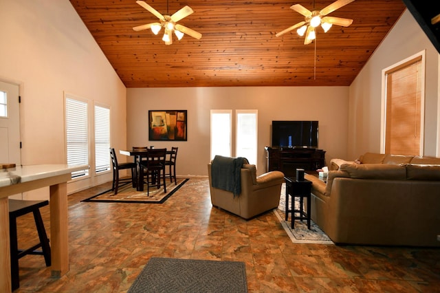 living room with ceiling fan, wood ceiling, and vaulted ceiling