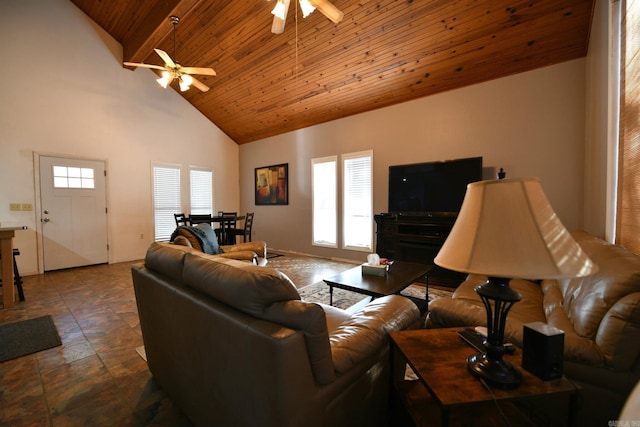 living room with ceiling fan, wooden ceiling, and high vaulted ceiling