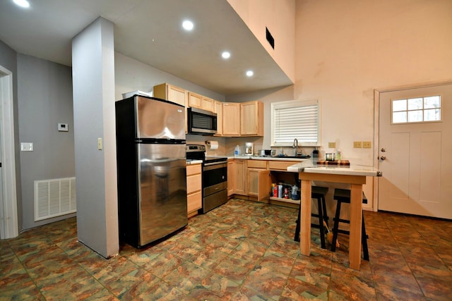 kitchen with light brown cabinetry, sink, and appliances with stainless steel finishes