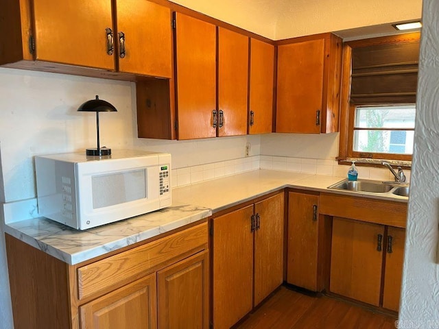 kitchen with sink and dark hardwood / wood-style flooring