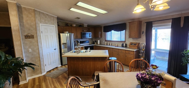 kitchen featuring appliances with stainless steel finishes, ornamental molding, light hardwood / wood-style flooring, and hanging light fixtures