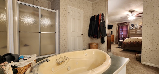 bathroom with ceiling fan, ornamental molding, and separate shower and tub