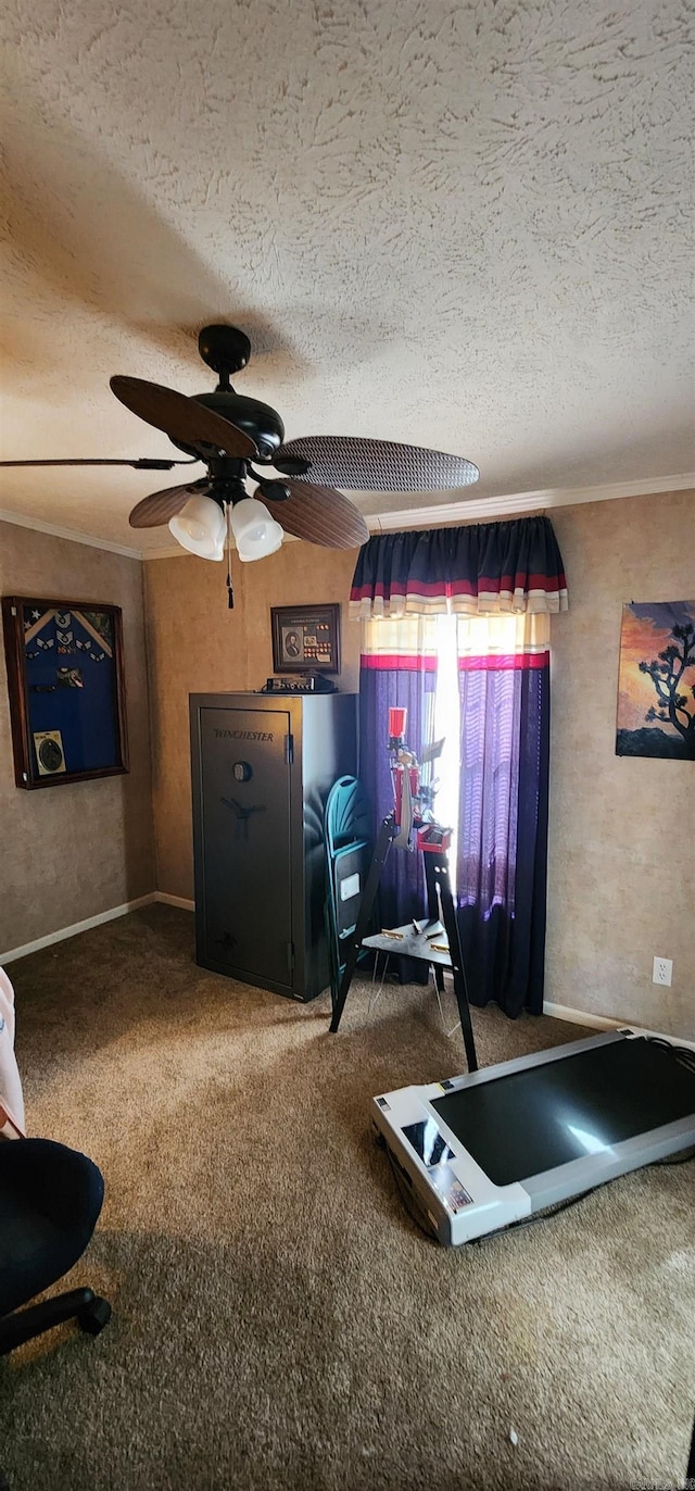 exercise area featuring ceiling fan, a textured ceiling, and carpet