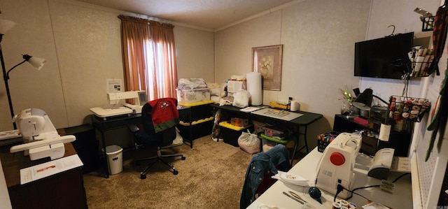 carpeted office space with crown molding