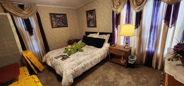 carpeted bedroom featuring ornamental molding