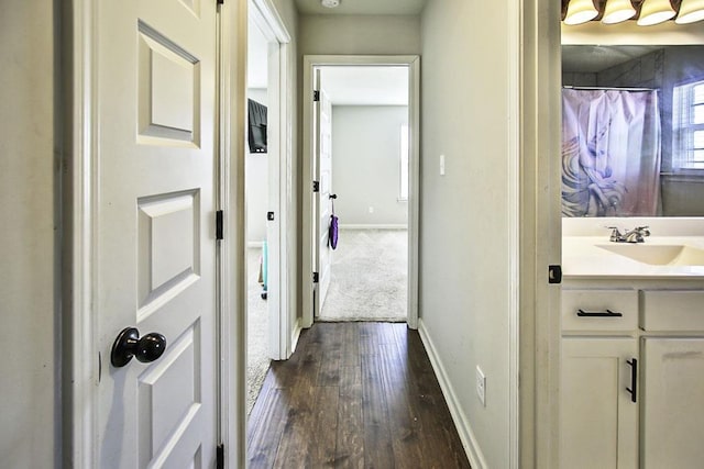 hallway with dark hardwood / wood-style floors and sink