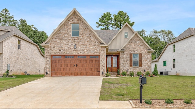 view of front of home featuring a front lawn, french doors, and central air condition unit