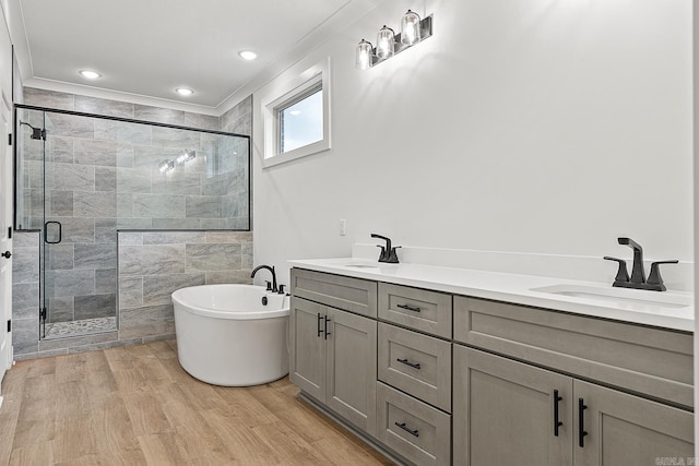 bathroom featuring plus walk in shower, wood-type flooring, and vanity