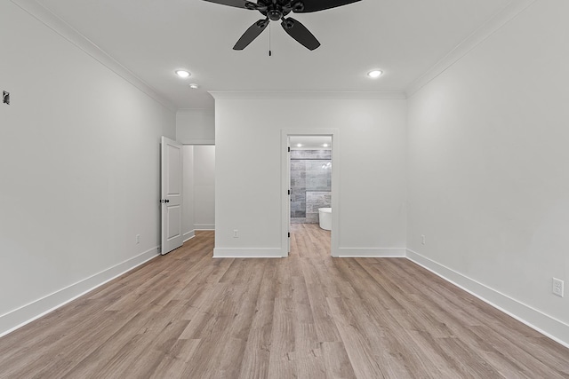 unfurnished bedroom with ensuite bathroom, ceiling fan, crown molding, and light hardwood / wood-style floors