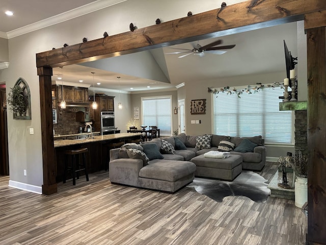living room with ceiling fan, vaulted ceiling, sink, crown molding, and hardwood / wood-style flooring