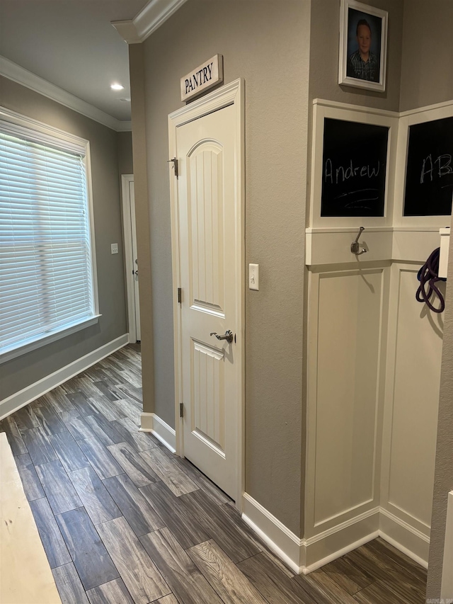 interior space featuring ornamental molding and dark hardwood / wood-style floors