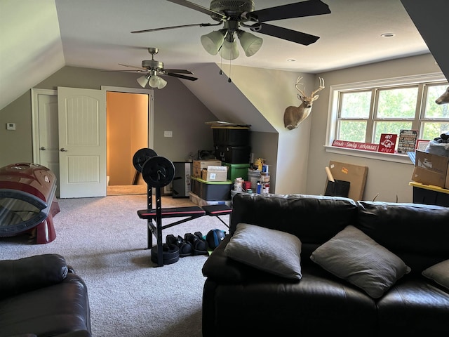 carpeted living room with ceiling fan and vaulted ceiling