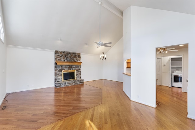 unfurnished living room featuring ceiling fan, a fireplace, and hardwood / wood-style flooring