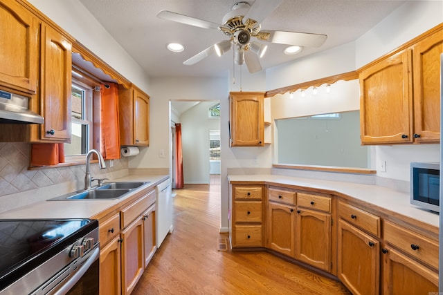 kitchen with ceiling fan, backsplash, sink, light wood-type flooring, and appliances with stainless steel finishes