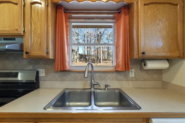 kitchen featuring sink, electric range, backsplash, and ventilation hood