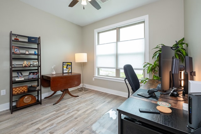 office featuring ceiling fan and light hardwood / wood-style flooring