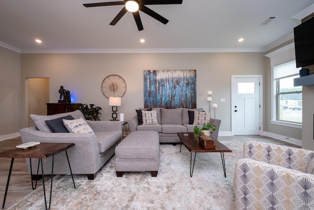 living room featuring ceiling fan, crown molding, and light hardwood / wood-style flooring